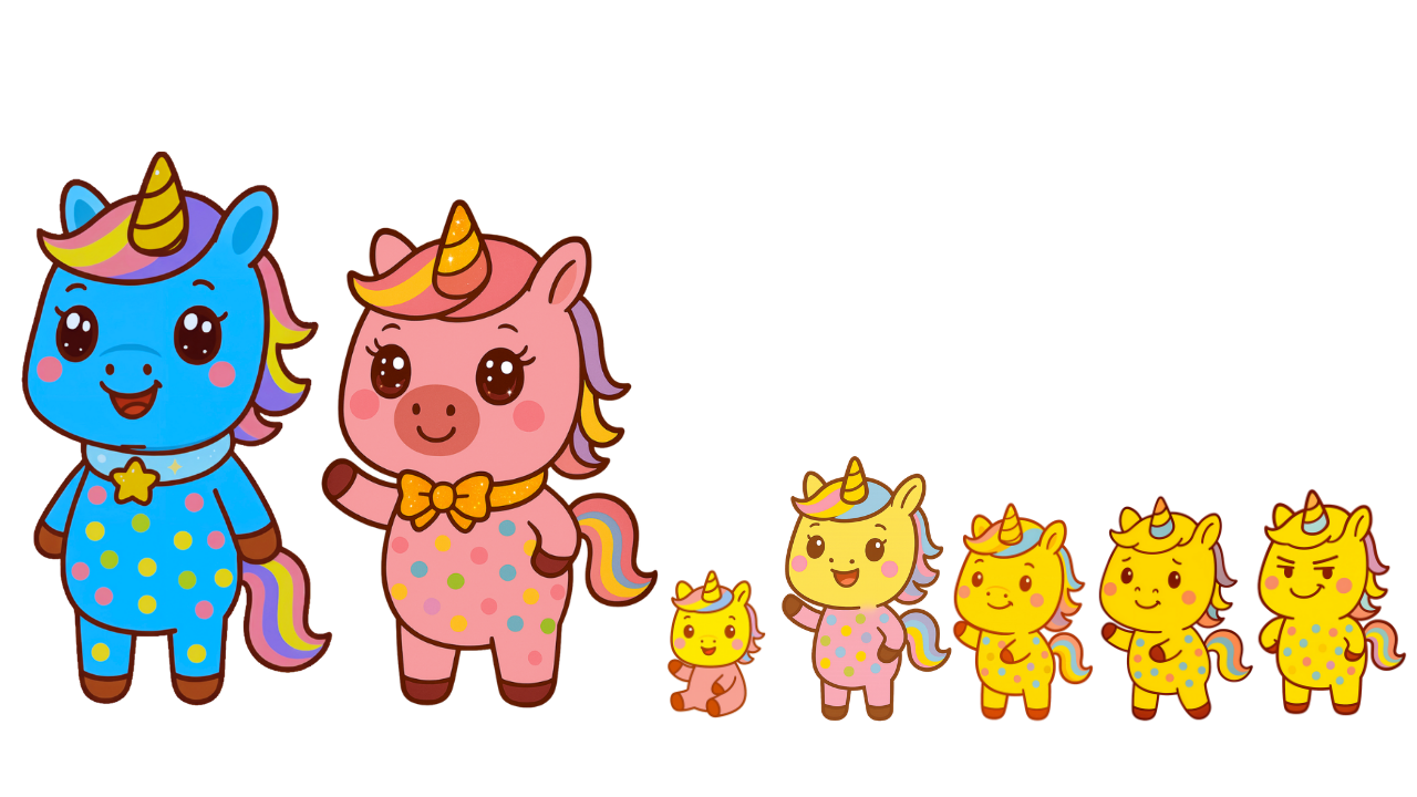 A família Pipadinho reunida: Unicórnio Pipadinho, Lolô, Unibaby, Pipa, Zezé, Zizi e Zozó